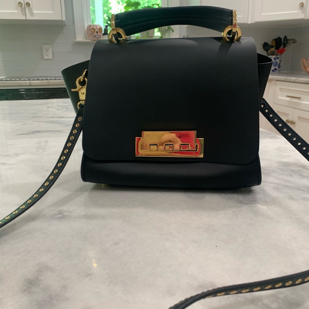 Zac Posen Eartha Top Handle black leather satchel bag.